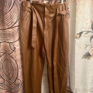 Lucy Paris Cognac Faux Leather Paperbag Trousers with Tie Belt